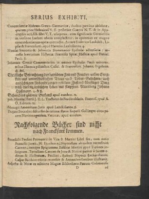 Nachfolgende Bücher sind nicht nach Franckfurt kommen.