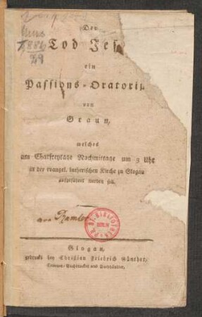 Der Tod Jesu : ein Passions-Oratorium