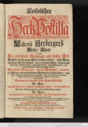 1: Epistolischen Hertz-Postilla Valerii Herbergers ... Theil/