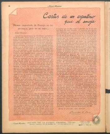 Cartas de un argentino que se enoja : Hemos importado de Europa su experiencia, pero no su vejez...