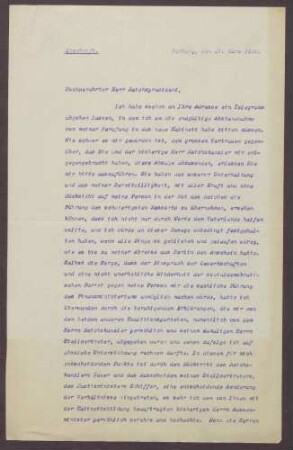 Schreiben von Wilhelm Cuno an Friedrich Ebert, Ablehnung eines Ministerpostens im Kabinett