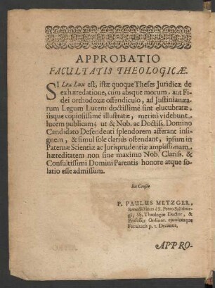 Approbatio Facultatis Theologicae.