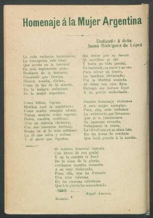 Homenaje a la Mujer Argentina : Dedicado a doña Juana Rodríguez de López