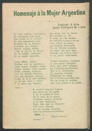 Homenaje a la Mujer Argentina : Dedicado a doña Juana Rodríguez de López