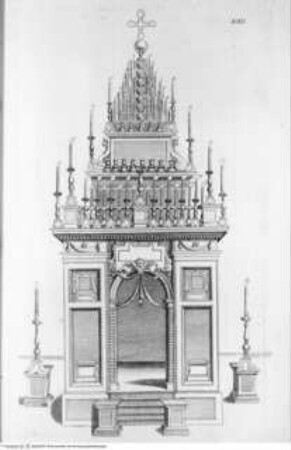 Regola de' Cinque Ordini d'Architettura (polygl.). Di M. Giacomo Barozzio da Vignola. Con la nuova aggionta di Michael-Angelo Buonaroti., Tafel XXII (Folio 71): Tabernakel?....