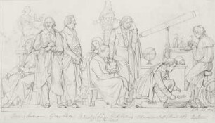 Relief für die Aula des Leipziger Augusteums : Rietschel, Ernst: Relief für die Aula des Leipziger Augusteums. Poesie, Philosophie, Naturwissenschaft und Mechanik vom 17. bis 19. Jahrhundert. 1836.02. Bleistift auf Velin (hellelfenbeinfarben); 27 x 46,2 cm (Blattgröße). WVZ 1995, Seite 258