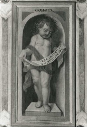 Putto mit Alphabet als Grammatica (Aus: Die sieben freien Künste) : Putto mit Alphabet als Grammatica (Aus: Die sieben freien Künste). Öl? auf Holz (wohl 1655/1684; C. Schiebling und C. Wiebel zugeschrieben). Radebeul, Hoflößnitz, Berg- und Lusthaus, Berg- und Lusthaus, Wohnraum der Kurfürstin