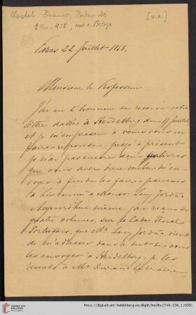 Briefe von Petro de Castel-Branco an Carl Joseph Anton Mittermaier: Brief von Pedro de Castel-Branco an Carl Joseph Anton Mittermaier, 22.07.1858