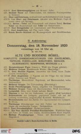 Alte und Moderne Möbel. Komplette Zimmereinrichtungen und Einzelmöbel, Teppiche, Porzellane, Miniaturen, Bronzen. Silbergeräte: Rennpreise, Bestecke u.a. (Nr. 433-1463)