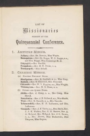 List of Missionaries Present at the Quinquennial Conference