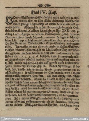 Das IV. Cap. Von der Vollkommenheit und Vorzuge etlicher Zahlen.