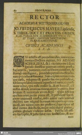 Rector Academiae Wittenbergensis Jo. Fridericus Mayer, Lipsiensis ...