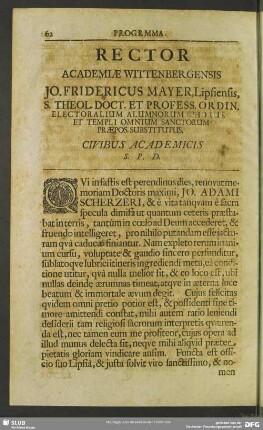 Rector Academiae Wittenbergensis Jo. Fridericus Mayer, Lipsiensis ...