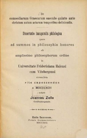 De comoediarum Graecarum saeculo quinto ante christum natum actarum temporibus definiendis