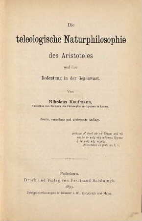 Die teleologische Naturphilosophie des Aristoteles und ihre Bedeutung in der Gegenwart