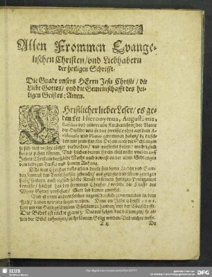 Allen Frommen Evangelischen Christen, und Liebhabern der heiligen Schrifft