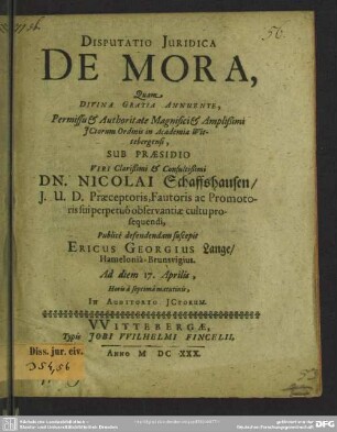 Disputatio Juridica De Mora
