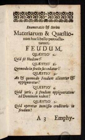 Enumeratio & Series. Materiarum & Quaestionum [...]