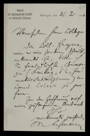 Nr. 21 Brief von Max Lehmann an Edward Schröder. Göttingen, 21.2.1906