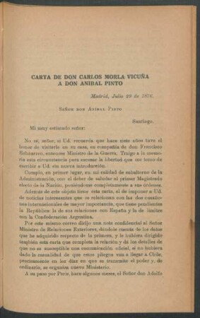 Carta de Don Carlos Morla Vicuña a Don Aníbal Pinto