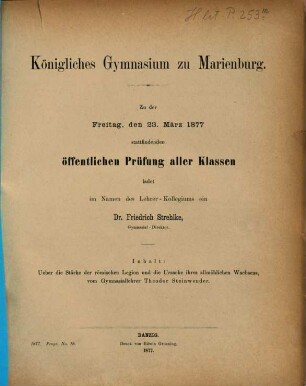Zu der ... stattfindenden öffentlichen Prüfung aller Klassen ladet im Namen des Lehrer-Kollegiums ein. 1876/77 (1877)