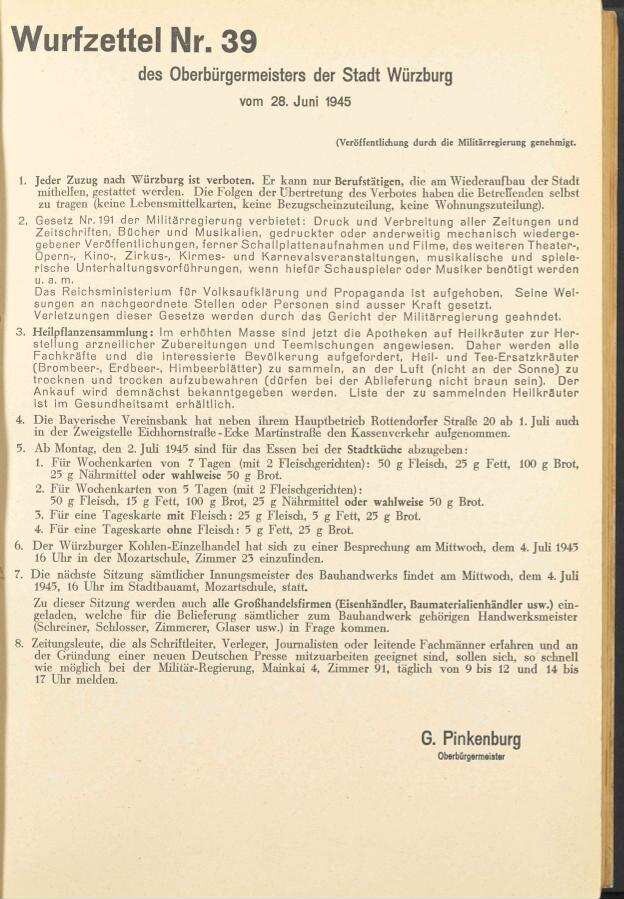 Wurfzettel Nr. 39 des Oberbürgermeisters der Stadt
                              Würzburg | Digitalisierung: Stadtarchiv Würzburg