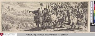 [Reiter mit Lanzen auf der rechten Seite, im Hintergrund eine Schlacht; Soldiers with Lances on Horseback Gathered on Right, Battle Takes Place in the Left Background]