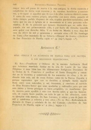 Apéndice 6.° Real cédula á la Audiencia de Manila para que proteja á los Religiosos Franciscanos