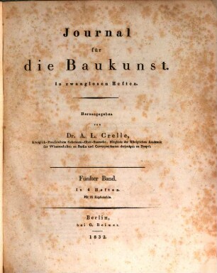 Journal für die Baukunst : in zwanglosen Heften. 5. 1832