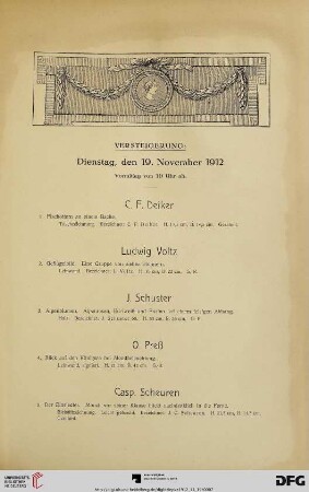 Versteigerung: Dienstag, den 19. November 1912. Vormittag von 10 Uhr ab (Nr. 1-170)
