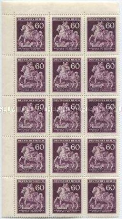 Fragment eines Bogens mit 15 Briefmarken zu 60 Heller aus dem Protektorat Böhmen und Mähren anlässlich des Tages der Briefmarke 1943