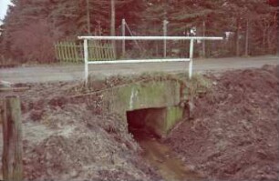 Moorweg: Durchlass Alte Alster: oben Geländer: hinten Zaun, Wald