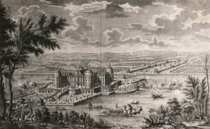 Schloss Moritzburg : Ansicht von Schloss Moritzburg. Stich (vor 1738; J. A. Corvinus). Dresden: Kupferstich-Kabinett