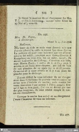 No. 236. Mrs. D. Freres à Dunkerque. Memel le 24. Juin 1786