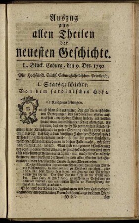 L. Stück. Coburg, den 9. Dec. 1750.