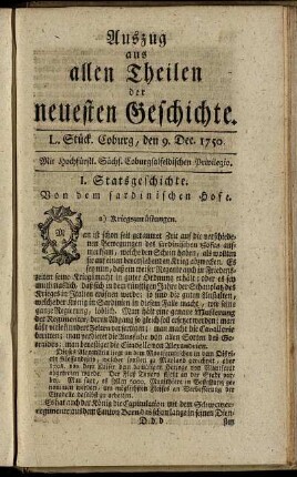 L. Stück. Coburg, den 9. Dec. 1750.