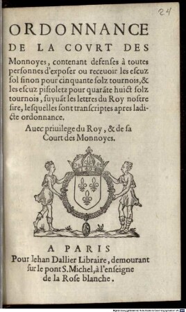 Ordonnance de la cour des monnoyes, contenant defenses ... d'exposer les escuz sol