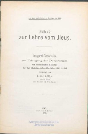 Beitrag zur Lehre vom Ileus : aus dem pathologischen Institute zu Kiel