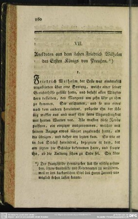 VII. Anekdoten aus dem Leben Friedrich Wilhelm des Ersten Königs von Preußen