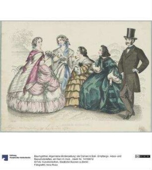 Allgemeine Modenzeitung: vier Damen in Ball-, Empfangs-, Haus- und Besuchstoiletten, ein Herr im modischen Anzug