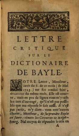 Lettre critique sur le dictionaire de Bayle