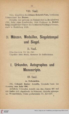 D. Münzen, Medaillen, Siegelstempel und Siegel