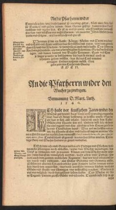 An die Pfarherrn wider den Wucher zu predigen. Vermanung D. Mart. Luth. 1540.