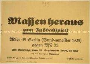 Aufruf der oppositionellen Arbeitersportler zum Fußballspiel der Begegnung Adler 08 Berlin gegen VfL 05 in Hamburg-Altona im September 1929