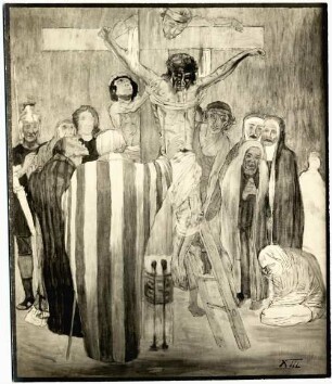 XIII. Station: Jesus wird vom Kreuz abgenommen (Entwurf oder Vorzeichnung mit Untermalung) : Stationen des Kreuzweges Jesu (für die Kirche in Schönbrunn im Steigerwald). XIII. Station: Jesus wird vom Kreuz abgenommen (Entwurf oder Vorzeichnung mit Untermalung). Gemälde (1928; M. Molitor)