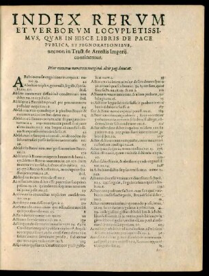 Index Rerum Et Verborum Locupletissimus, Quae In Hisce Libris De Pace Publica, Et Pignorationibus, necnon in Tract. de Arrestis Imperii continentur.