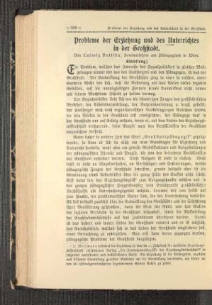 Probleme der Erziehung und des Unterrichtes in der Großstadt