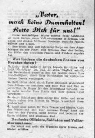 Sowjetisches Abwurf-Flugblatt mit der Aufforderung zur Beendigung des Krieges (mit Passierschein)