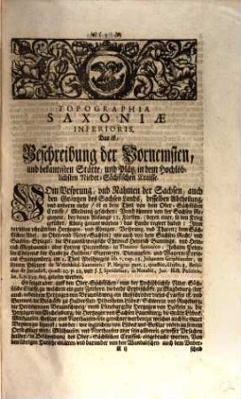 Topographia Saxoniae Inferioris : Das ist Beschreibung der Vornehmsten Stätte vnnd Plätz in dem hochl. NiderSachß. Crayß