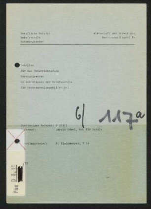 Lehrplan für das Unterrichtsfach Rechnungswesen in den Klassen der Berufsschule für Rechtsanwaltsgehilfen(in)